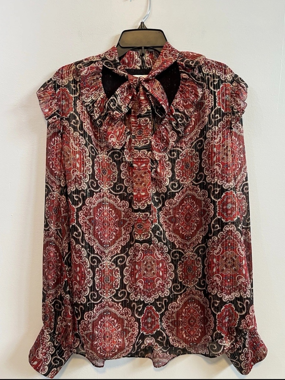 Kate Spade Medallion Metallic Tie Neck Chiffon Blouse XL